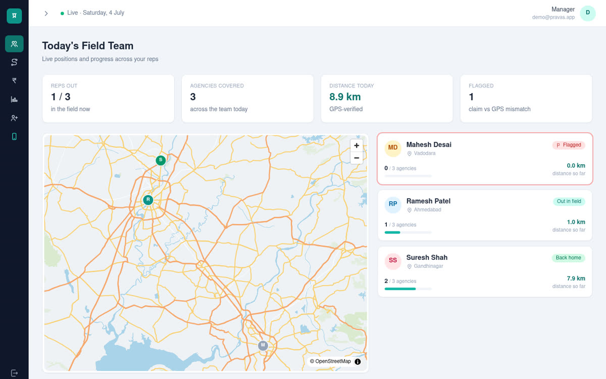 Pravas manager console — live field team map